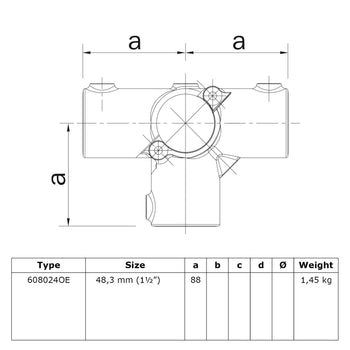 T-stuk zij-uitgang open 48,3 mm technische tekening
