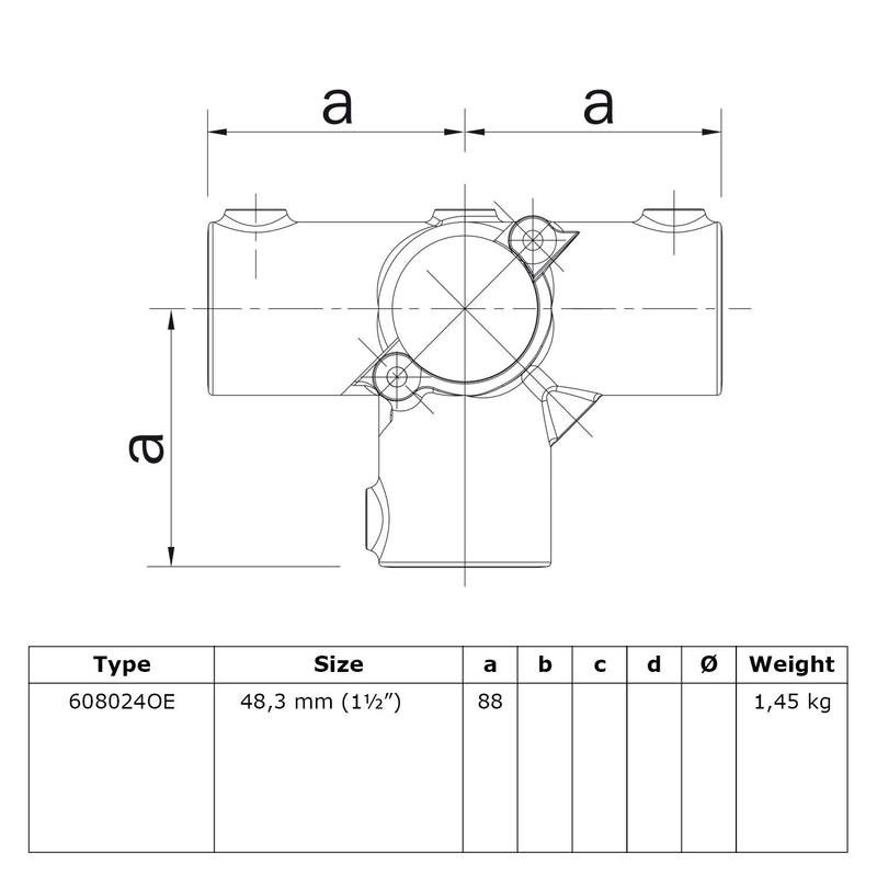 T-stuk zij-uitgang open 48,3 mm technische tekening