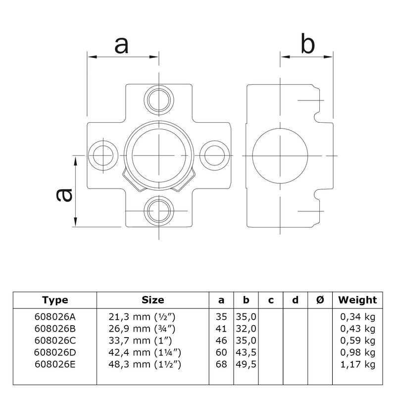 Kruisstuk 4-weg 48,3 mm technische tekening