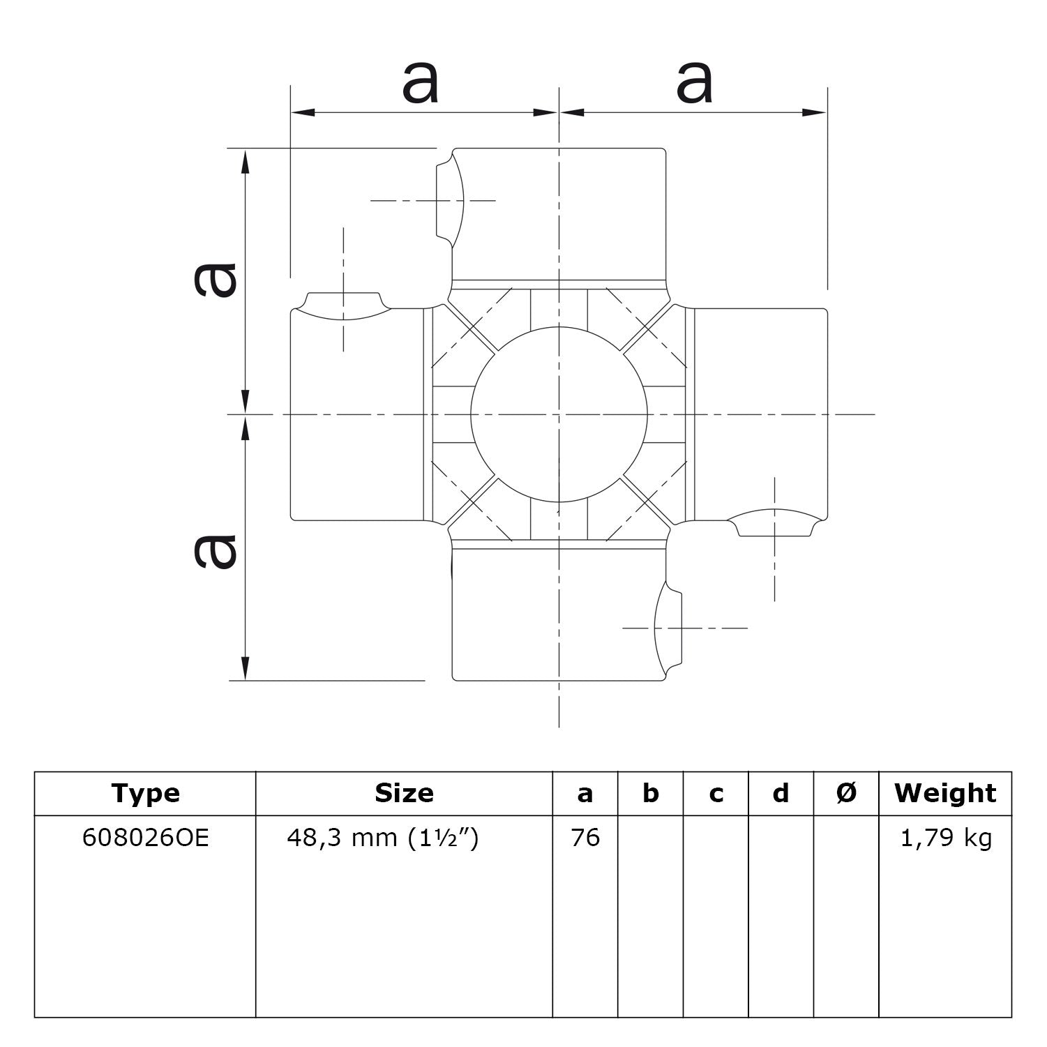 Kruisstuk 4-weg open 48,3 mm technische tekening