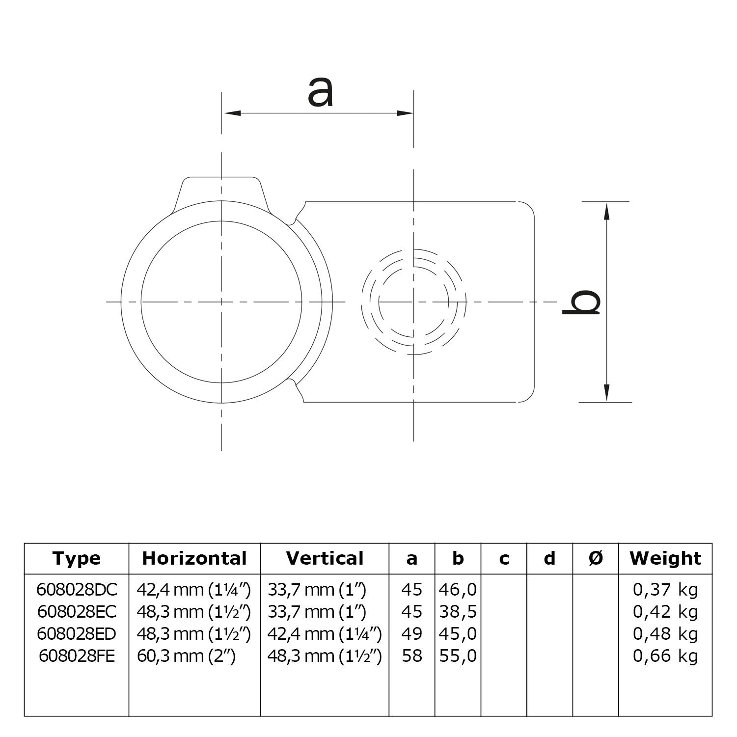Kruisstuk 90º verloop 42,4 - 48,3 mm technische tekening