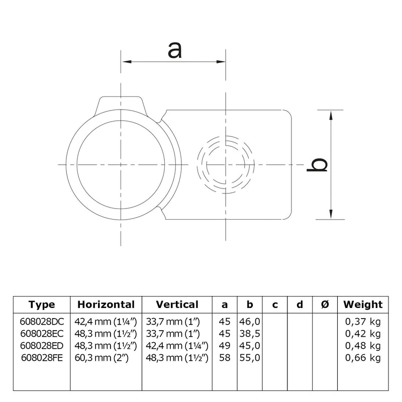 Kruisstuk 90º verloop 48,3 - 60,3 mm technische tekening