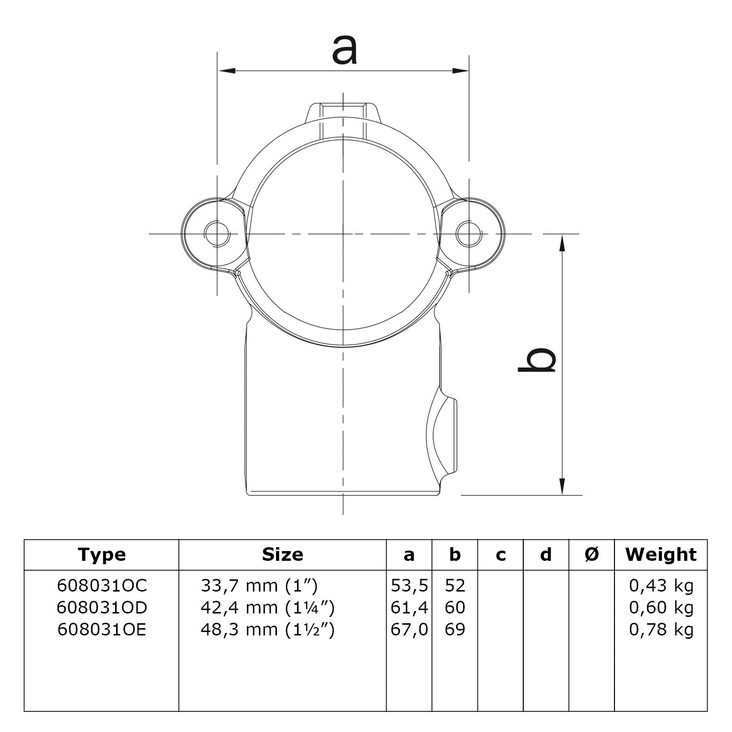T-stuk openklapbaar 48,3 mm technische tekening