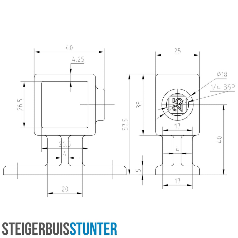 Leuningdrager zwart 25 mm vierkant