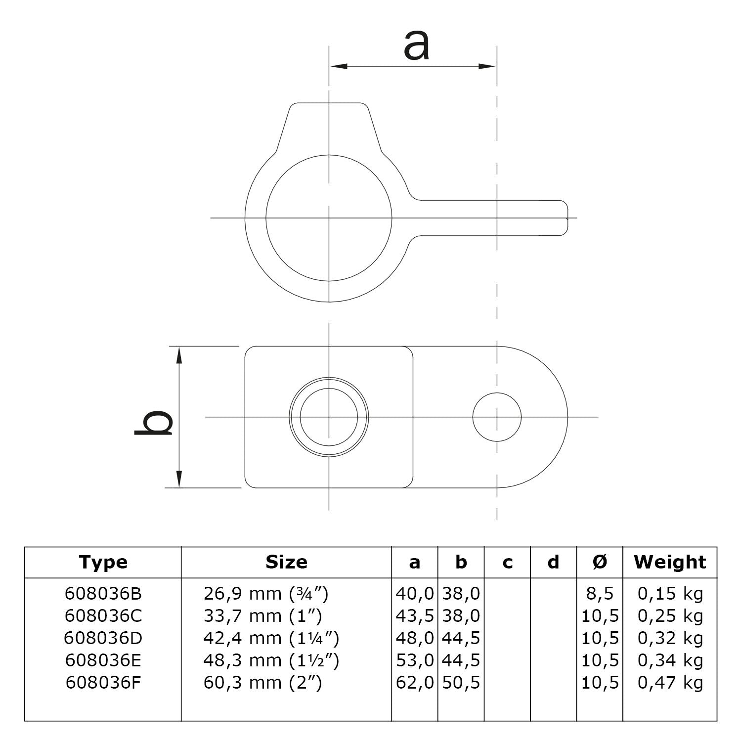 Oogdeel scharnierstuk 33,7 mm technische tekening