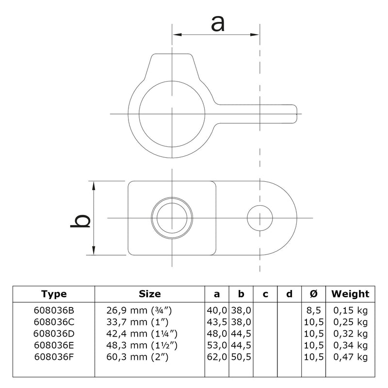 Oogdeel scharnierstuk 33,7 mm technische tekening