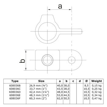 Oogdeel Scharnierstuk 48,3 mm technische tekening