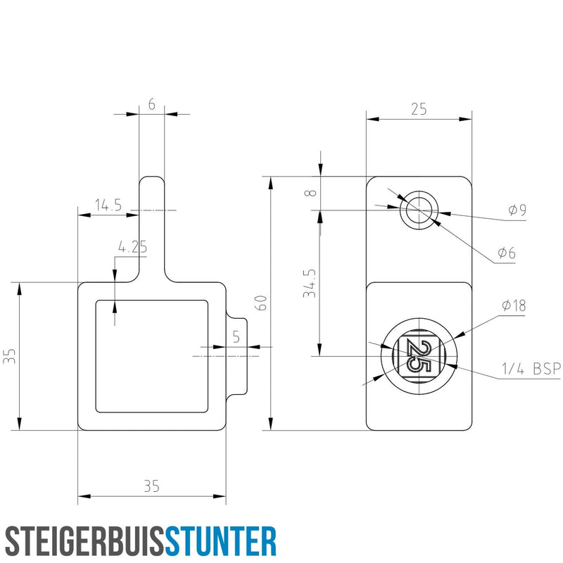 Oogdeel scharnierstuk zwart 25 mm vierkant