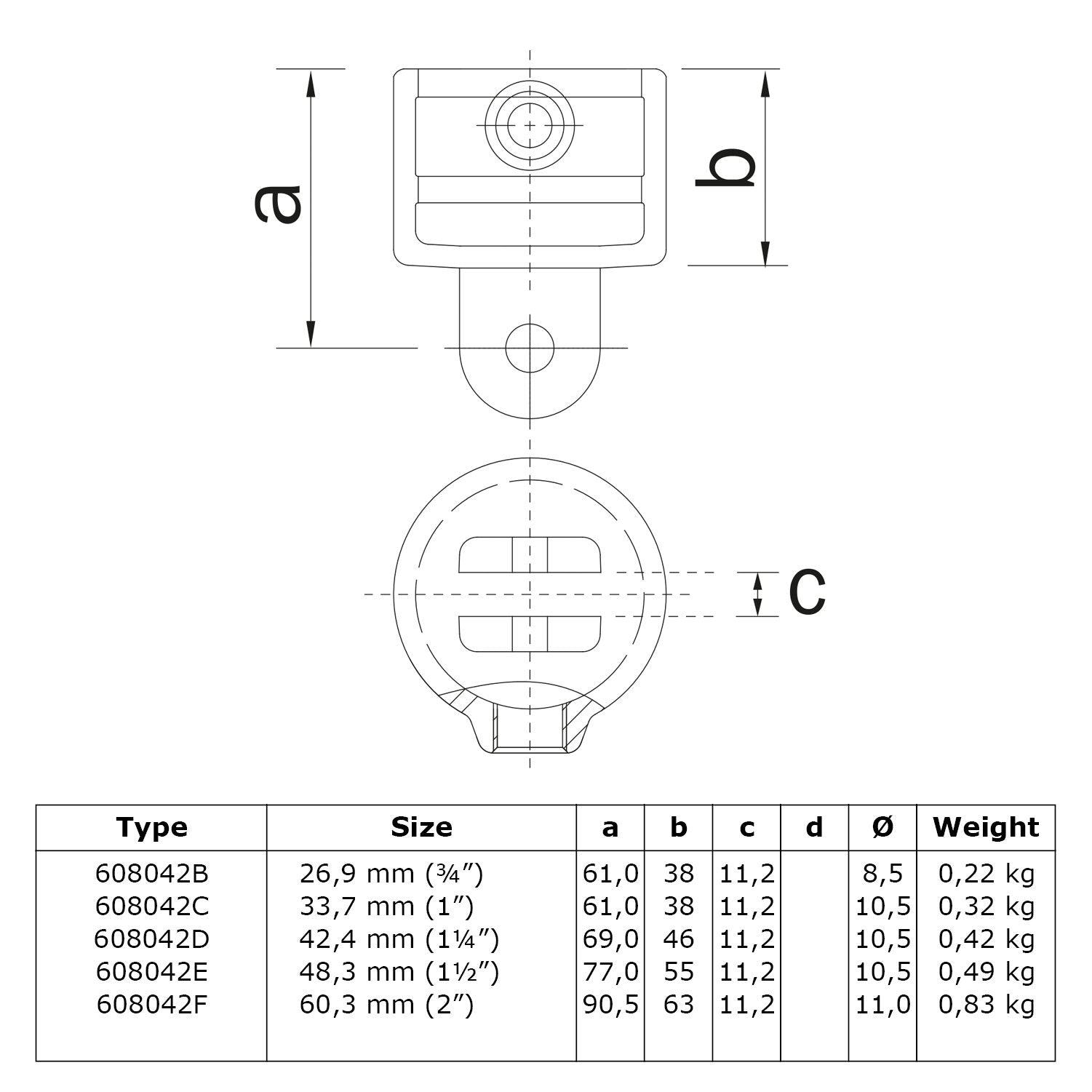 Hulsdeel scharnierstuk 33,7 mm technische tekening