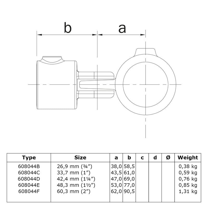 Scharnierstuk enkel 42,4 mm technische tekening