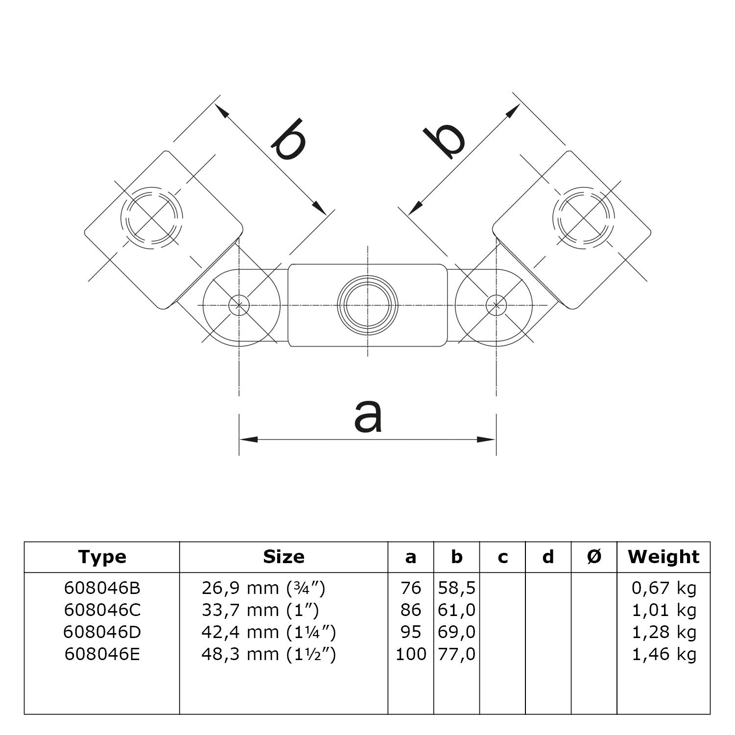 Scharnierstuk dubbel 42,4 mm technische tekening