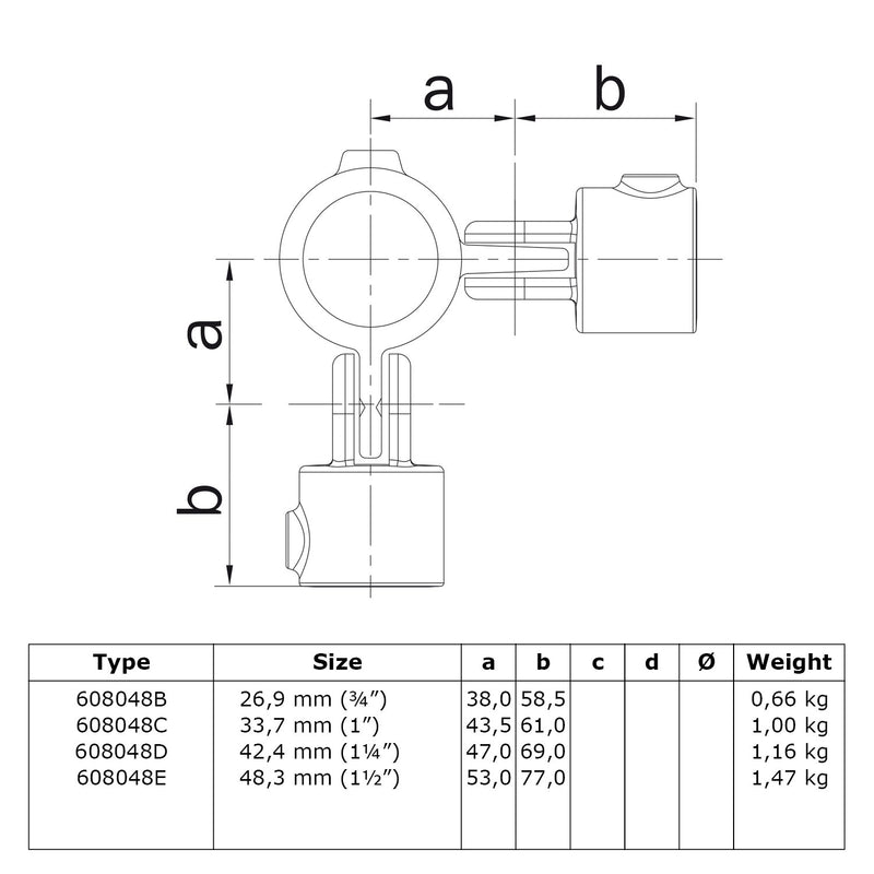 Scharnierstuk 90º dubbel 42,4 mm technische tekening