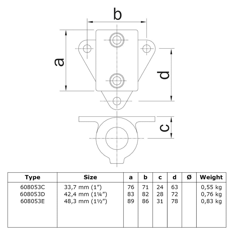 Boeiboordbevestiging driehoek 42,4 mm technische tekening