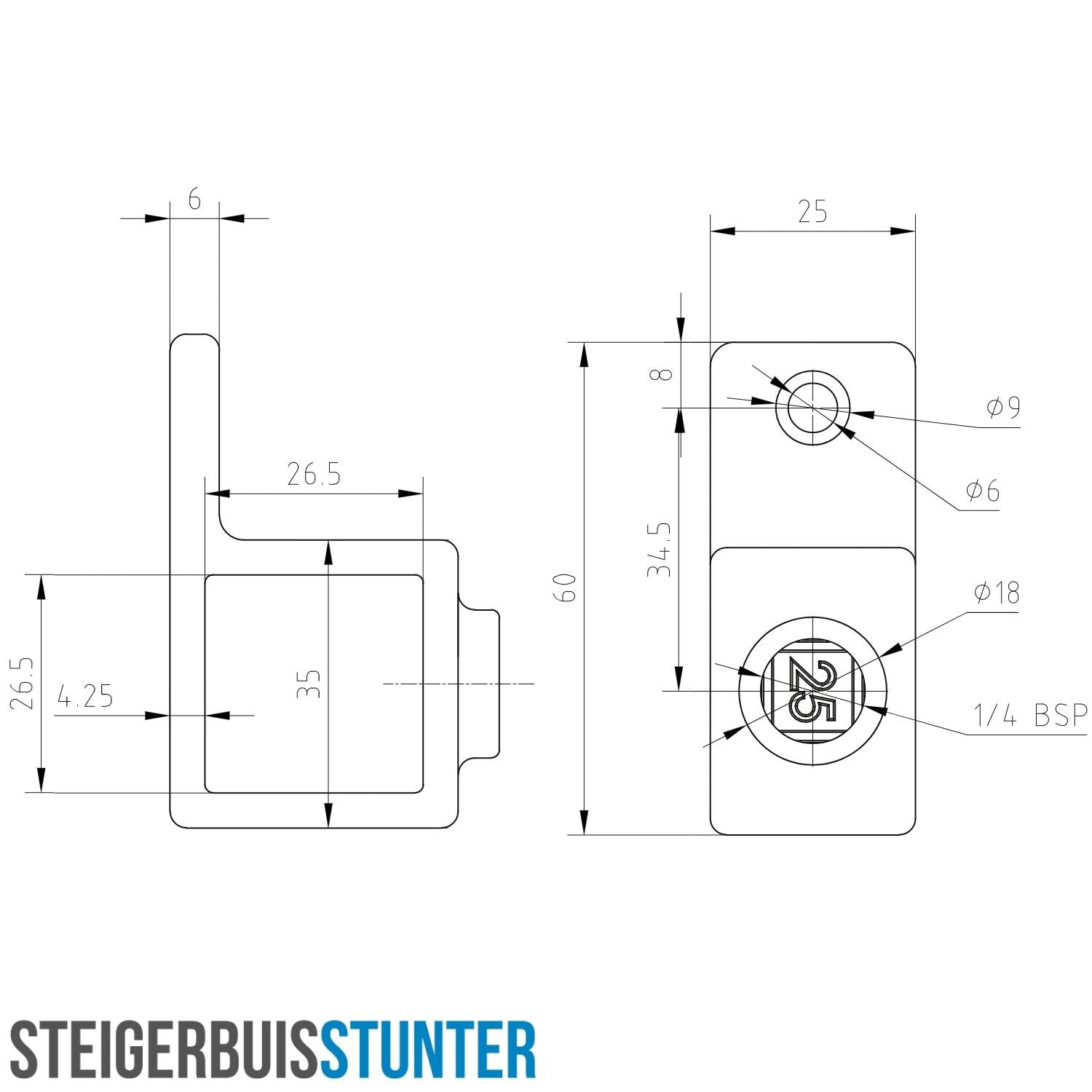 Bevestigingsring enkel zwart 25 mm vierkant