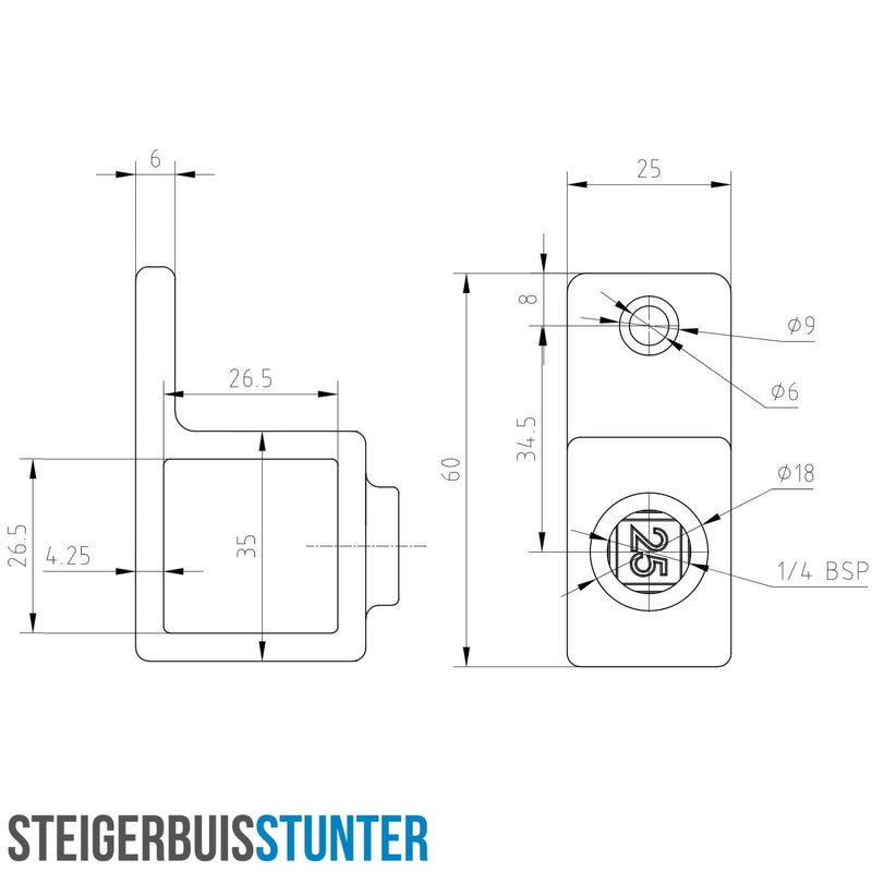 Bevestigingsring enkel zwart 25 mm vierkant