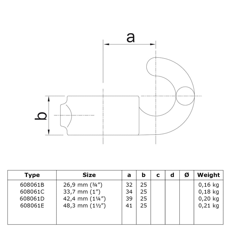 Haak 42,4 mm technische tekening