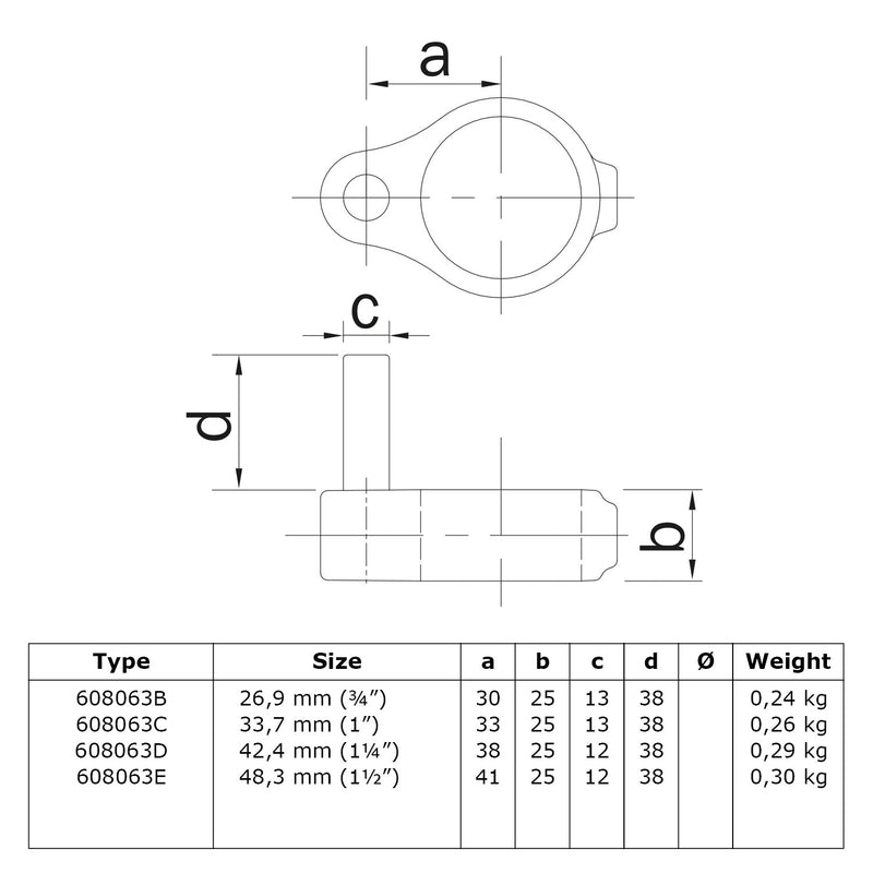 Scharnierpen 42,4 mm technische tekening