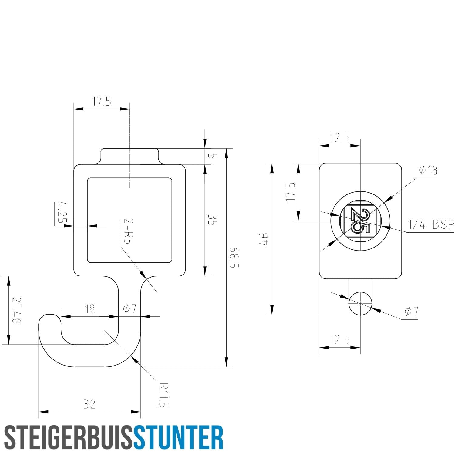 Kapstokhaak zwart 25 mm vierkant