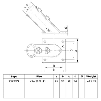 Vlaggenstokhouder 33,7 mm technische tekening