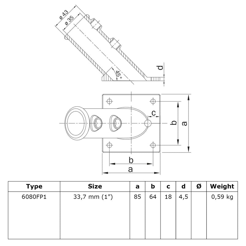 Vlaggenstokhouder 33,7 mm technische tekening