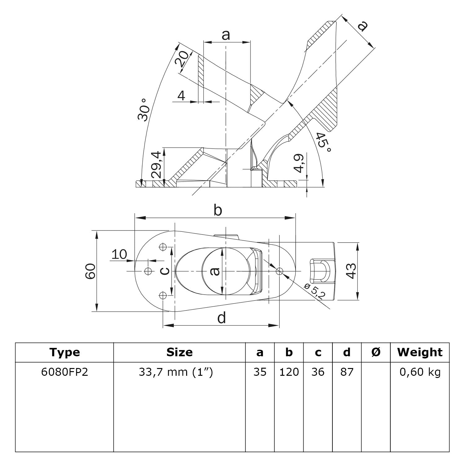 Vlaggenstokhouder 45º-90º 33,7 mm technische tekening