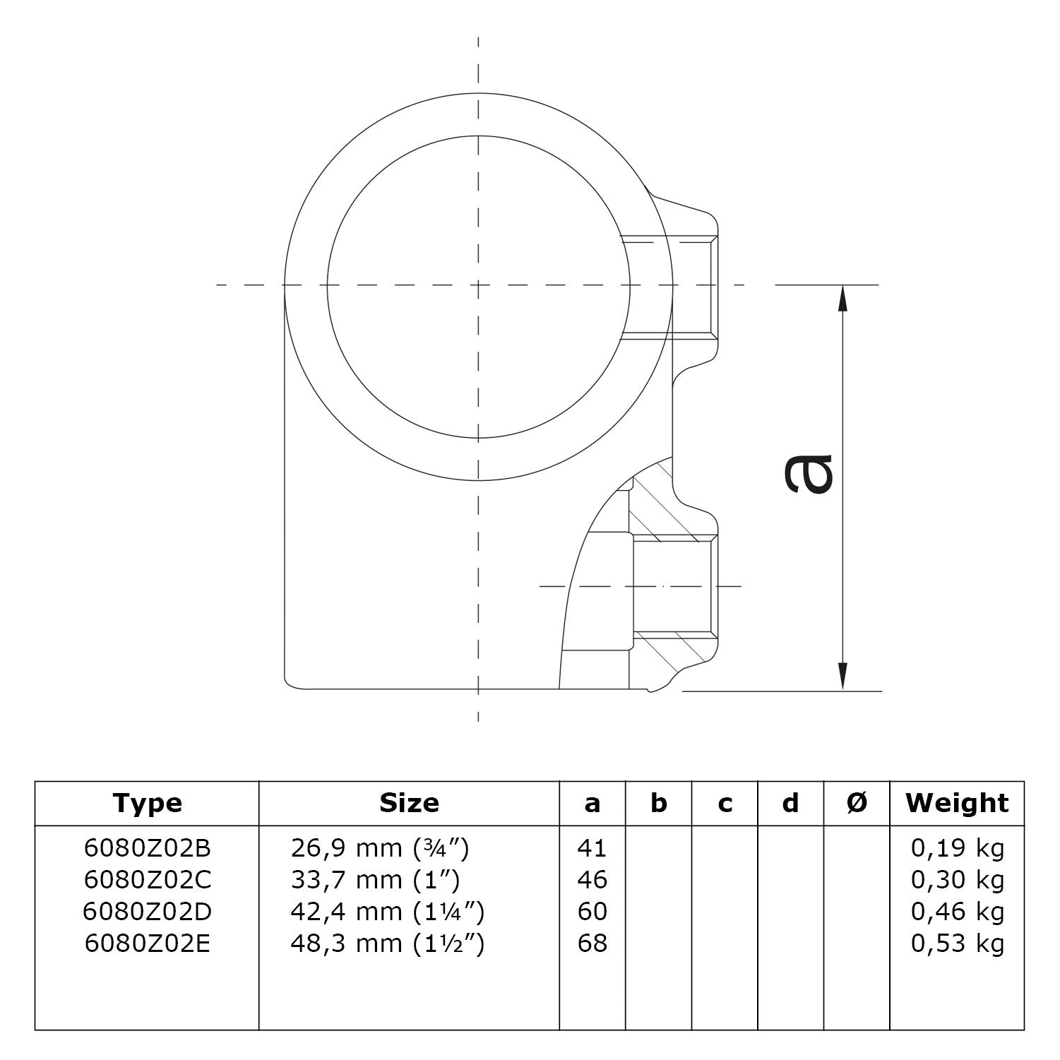 T-stuk kort zwart 33,7 mm technische tekening