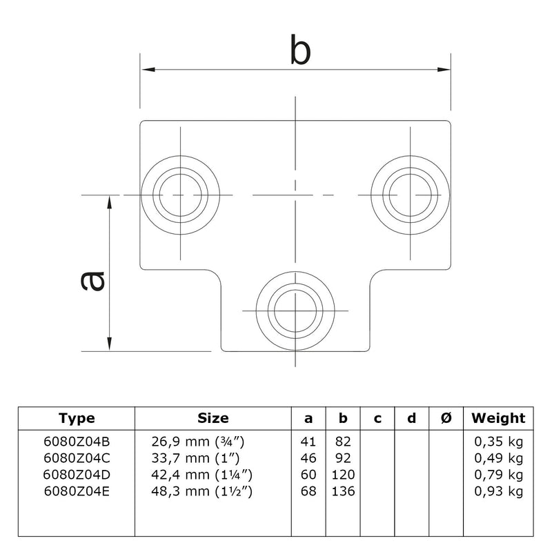 T-stuk lang zwart 33,7 mm technische tekening