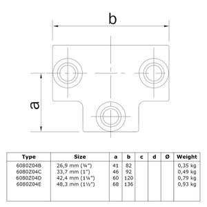 T-stuk lang zwart 48,3 mm technische tekening