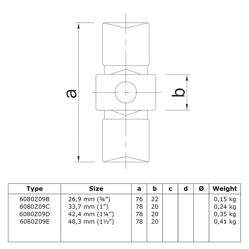 Koppelstuk inwendig zwart 26,9 mm technische tekening