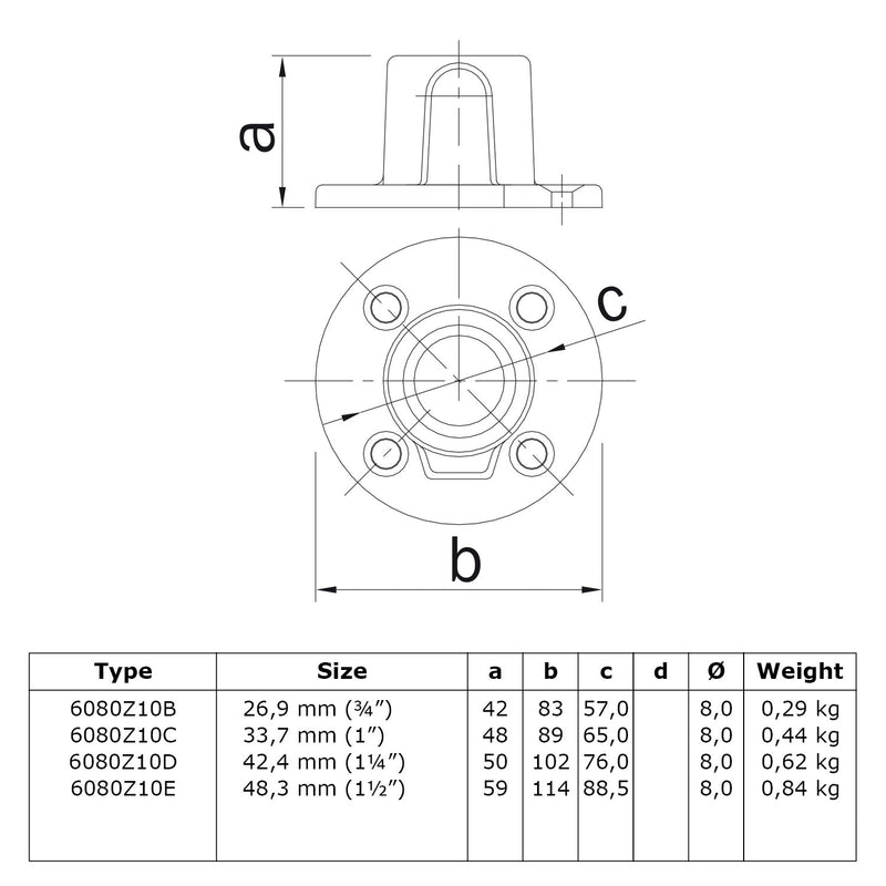 Voetplaat rond zwart 48,3 mm technische tekening