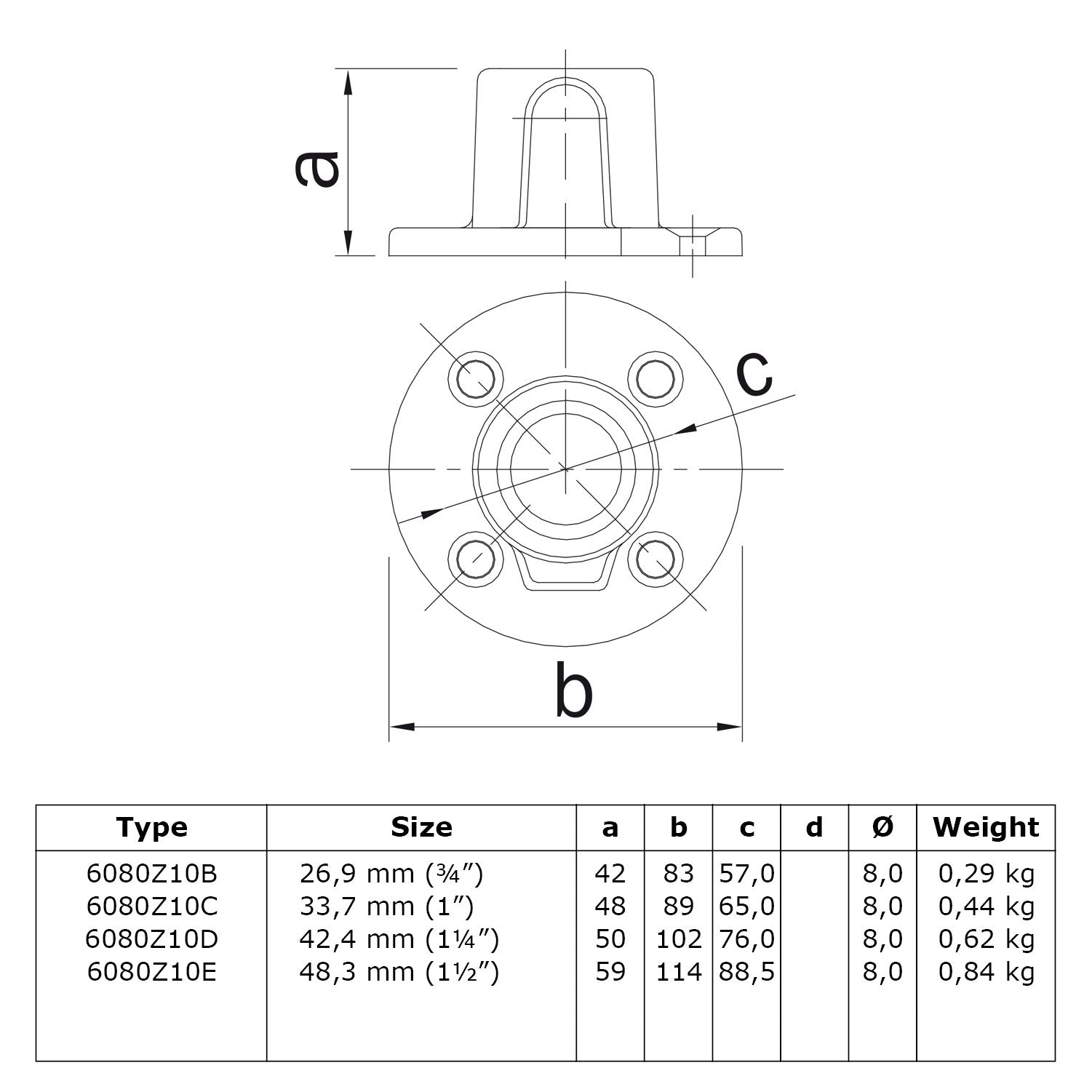 Voetplaat rond zwart 33,7 mm technische tekening