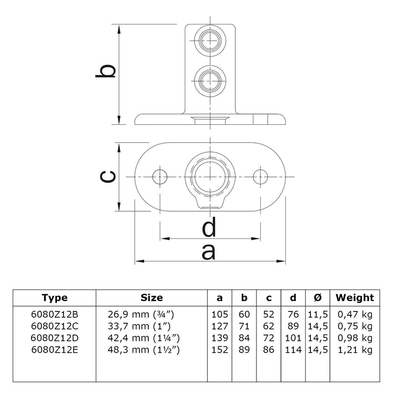 Voetplaat ovaal zwart 48,3 mm technische tekening