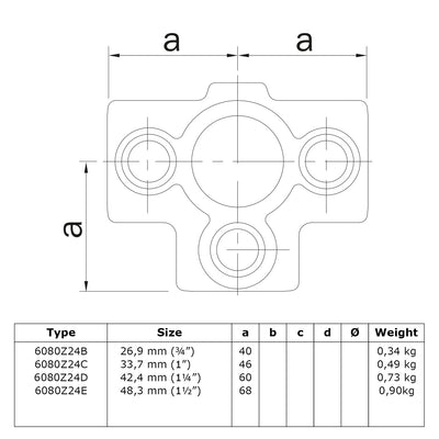 T-stuk zij-uitgang zwart 26,9 mm technische tekening