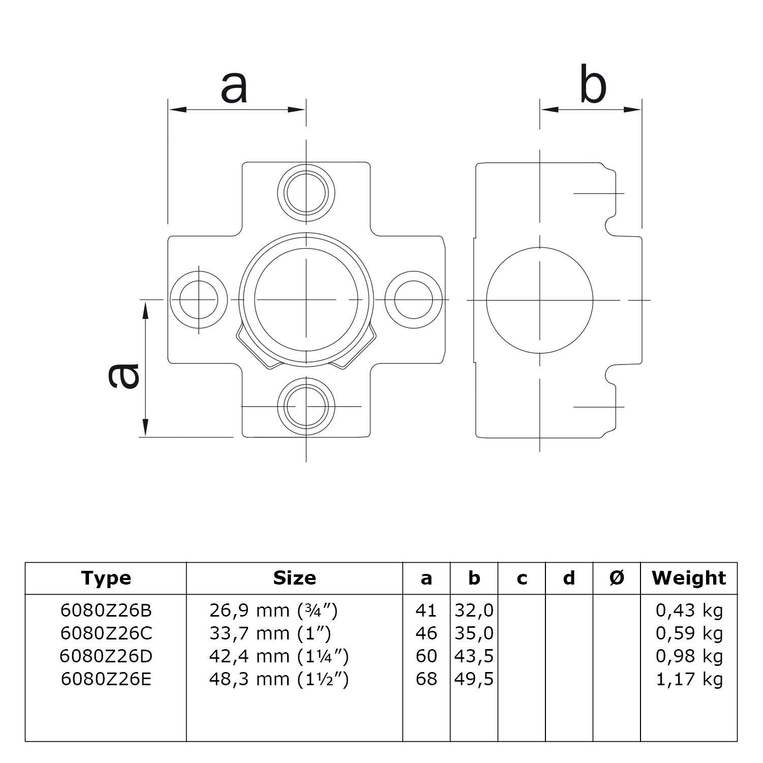 Kruisstuk 4-weg zwart  26,9 mm technische tekening