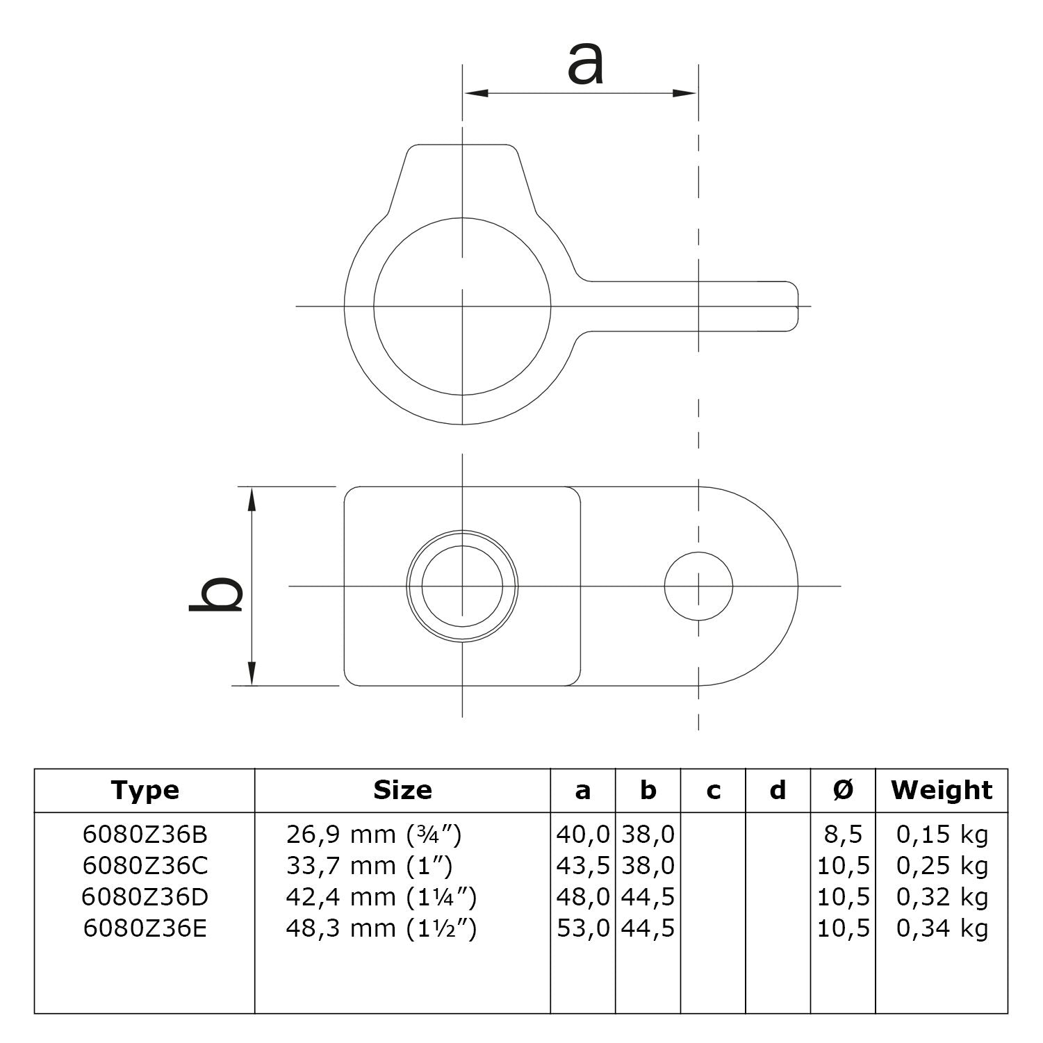 Oogdeel Scharnierstuk zwart 26,9 mm technische tekening