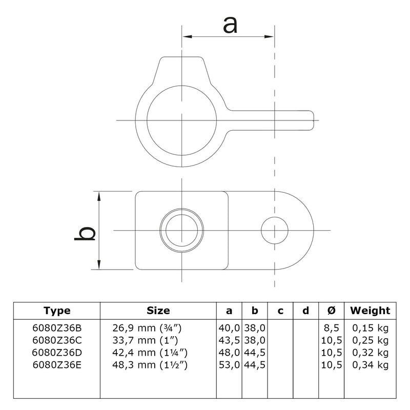 Oogdeel Scharnierstuk zwart 42,4 mm technische tekening