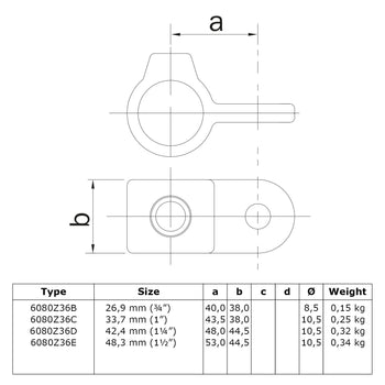 Oogdeel Scharnierstuk zwart 48,3 mm technische tekening