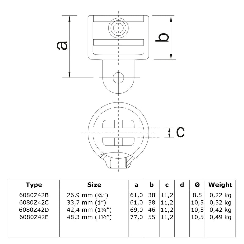 Hulsdeel scharnierstuk zwart 42,4 mm technische tekening