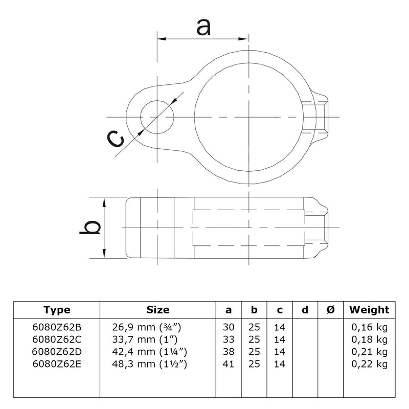 Scharnieroog zwart 42,2 mm technische tekening