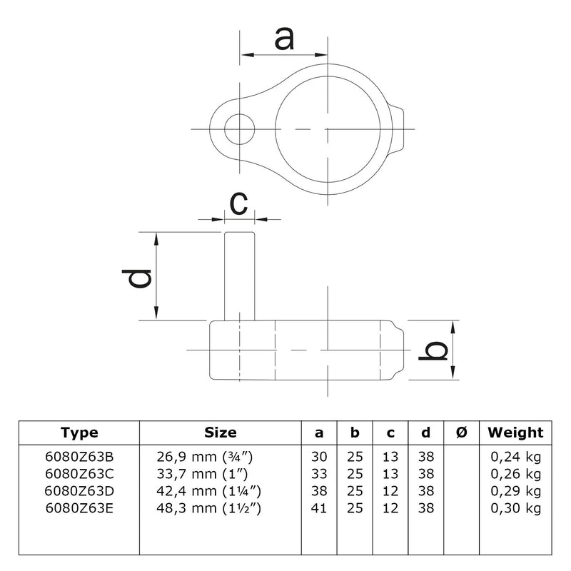 Scharnierpen zwart 48,3 mm technische tekening