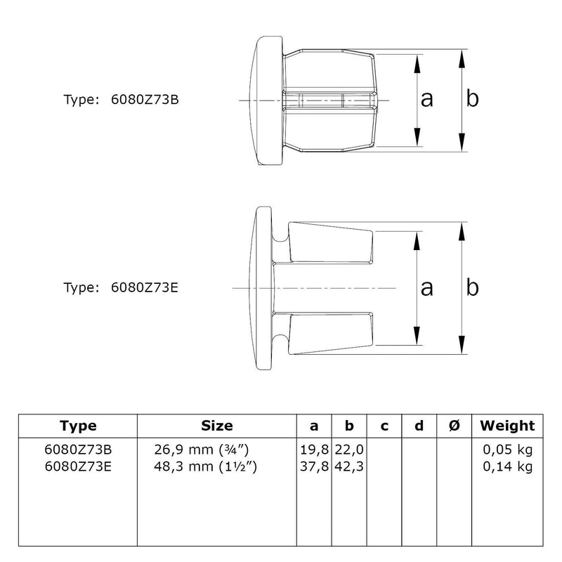 Afdekdop metaal zwart 33,7 mm technische tekening