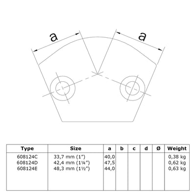 Kniestuk 2-weg 15º - 60º 48,3 mm technische tekening