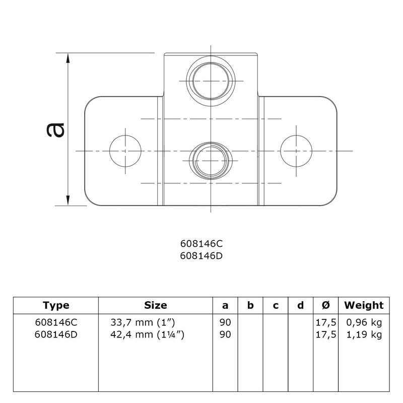 Boeiboordbevestiging extra zwaar horizontaal 42,4 mm technische tekening
