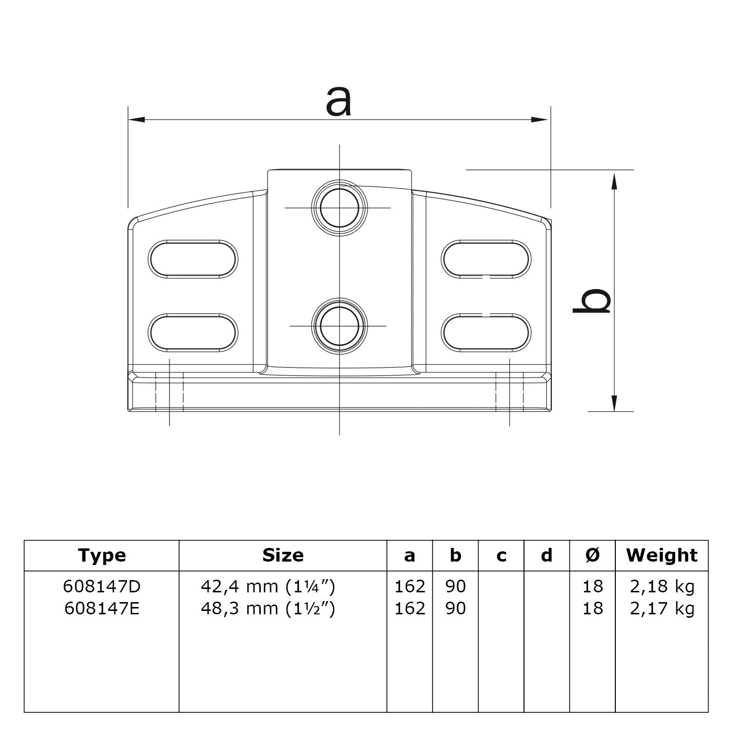 Voetplaat schoprandbevestiging 42,4 mm technische tekening