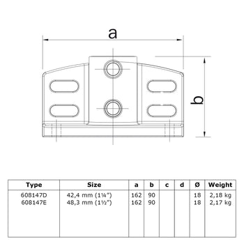 Voetplaat schoprandbevestiging 48,3 mm technische tekening