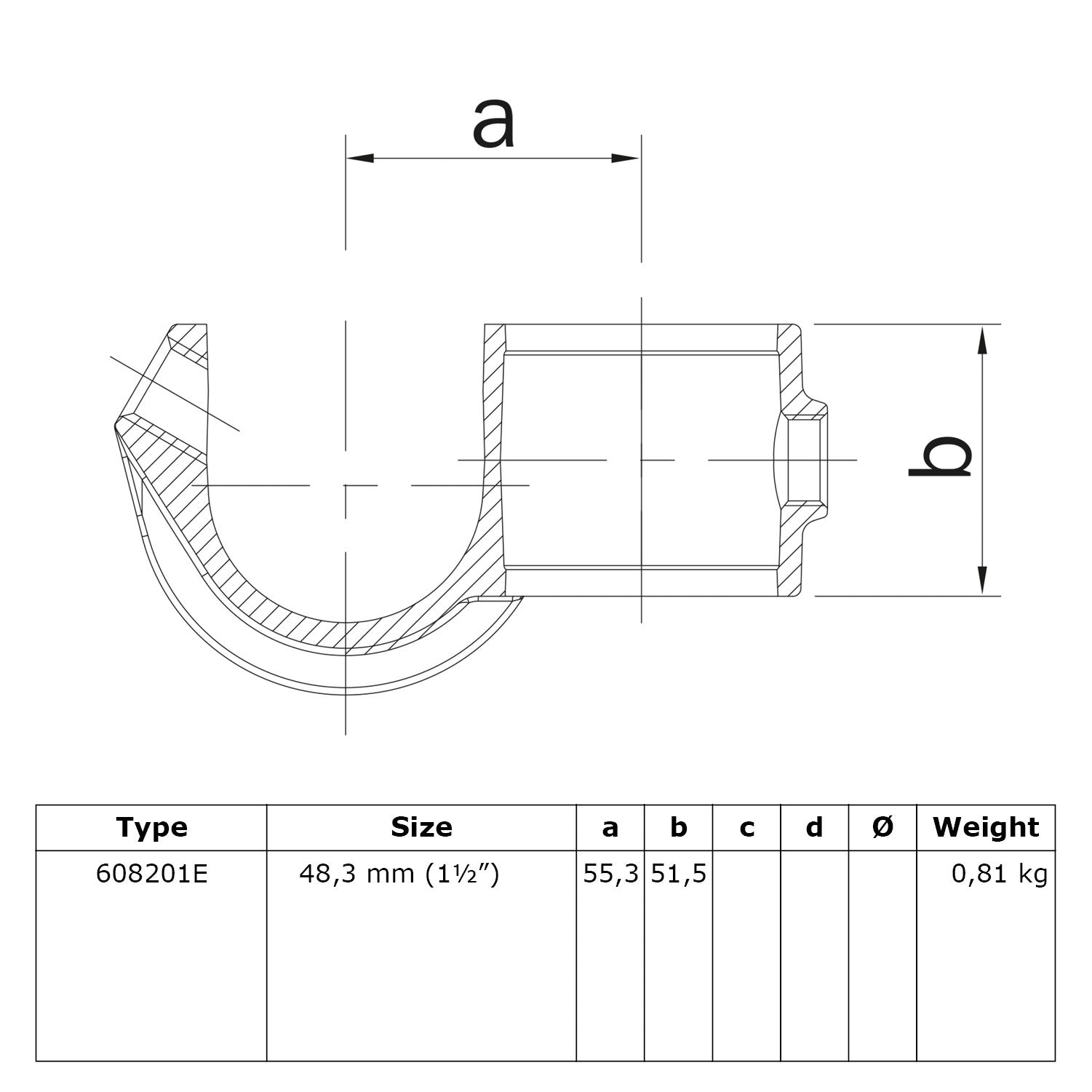 Kruisstuk open inleg 48,3 mm technische tekening