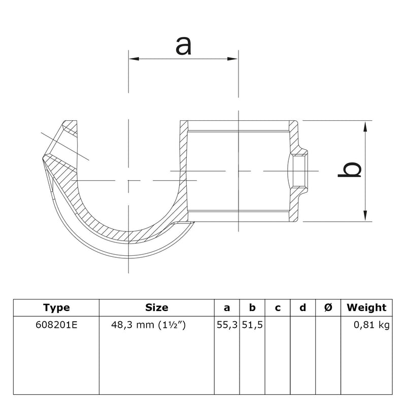 Kruisstuk open inleg 48,3 mm technische tekening