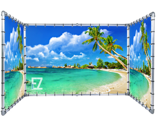 Presentatiewand, beurswand, reclamewand. Volledig vrijstaand. Bedrukt reclamedoek.