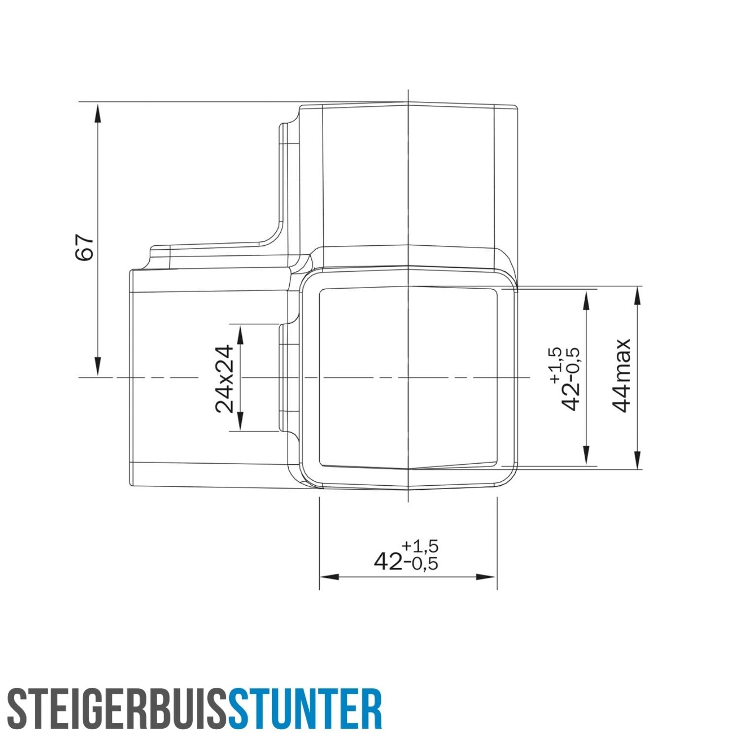 Kniestuk 3-weg 90º zwart 40 mm vierkant
