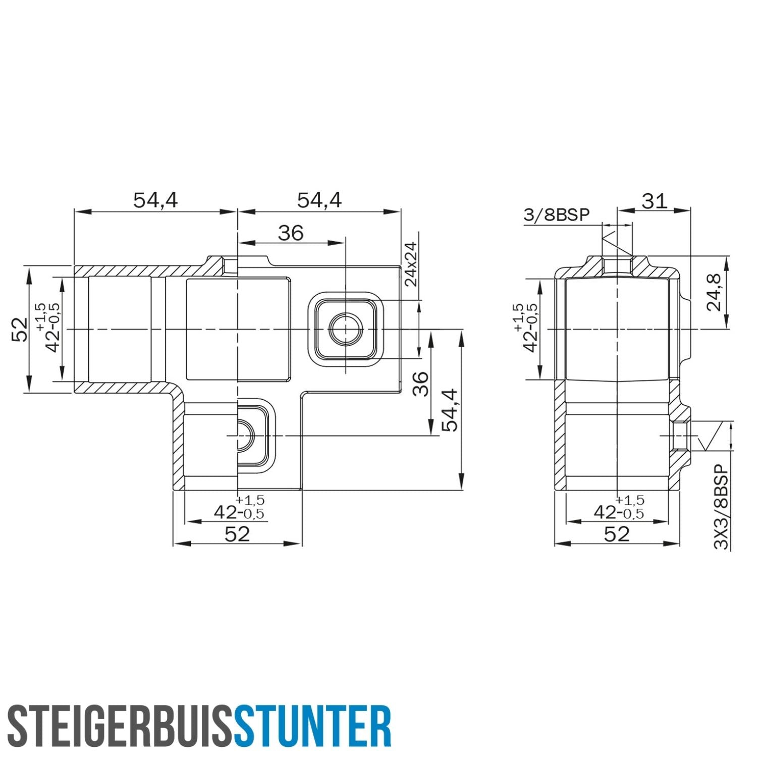 T-stuk zij-uitgang 40 mm vierkant
